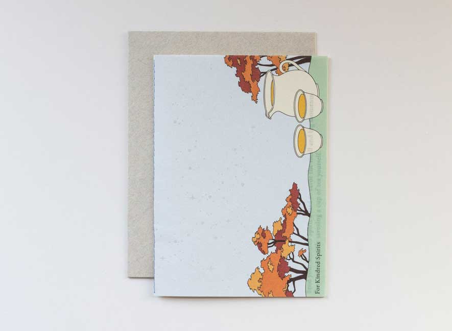 Luxury greeting card with light blue skies, pearl moons and red Japanese maples inspired by times we can see the full moon against the daytime sky. English-only version.