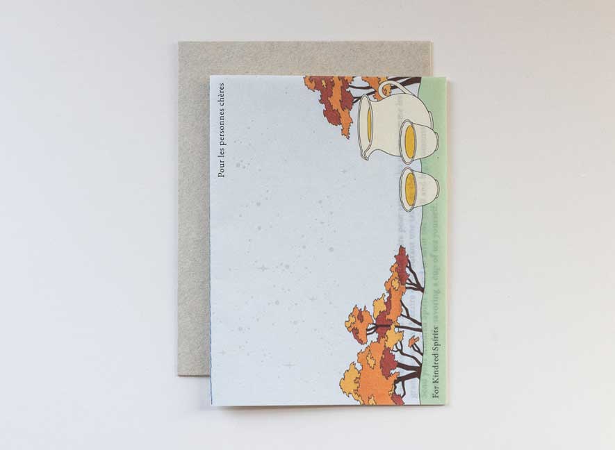 Luxury greeting card with light blue skies, pearl moons and red Japanese maples inspired by times we can see the full moon against the daytime sky. Multi-language messages in English and French.